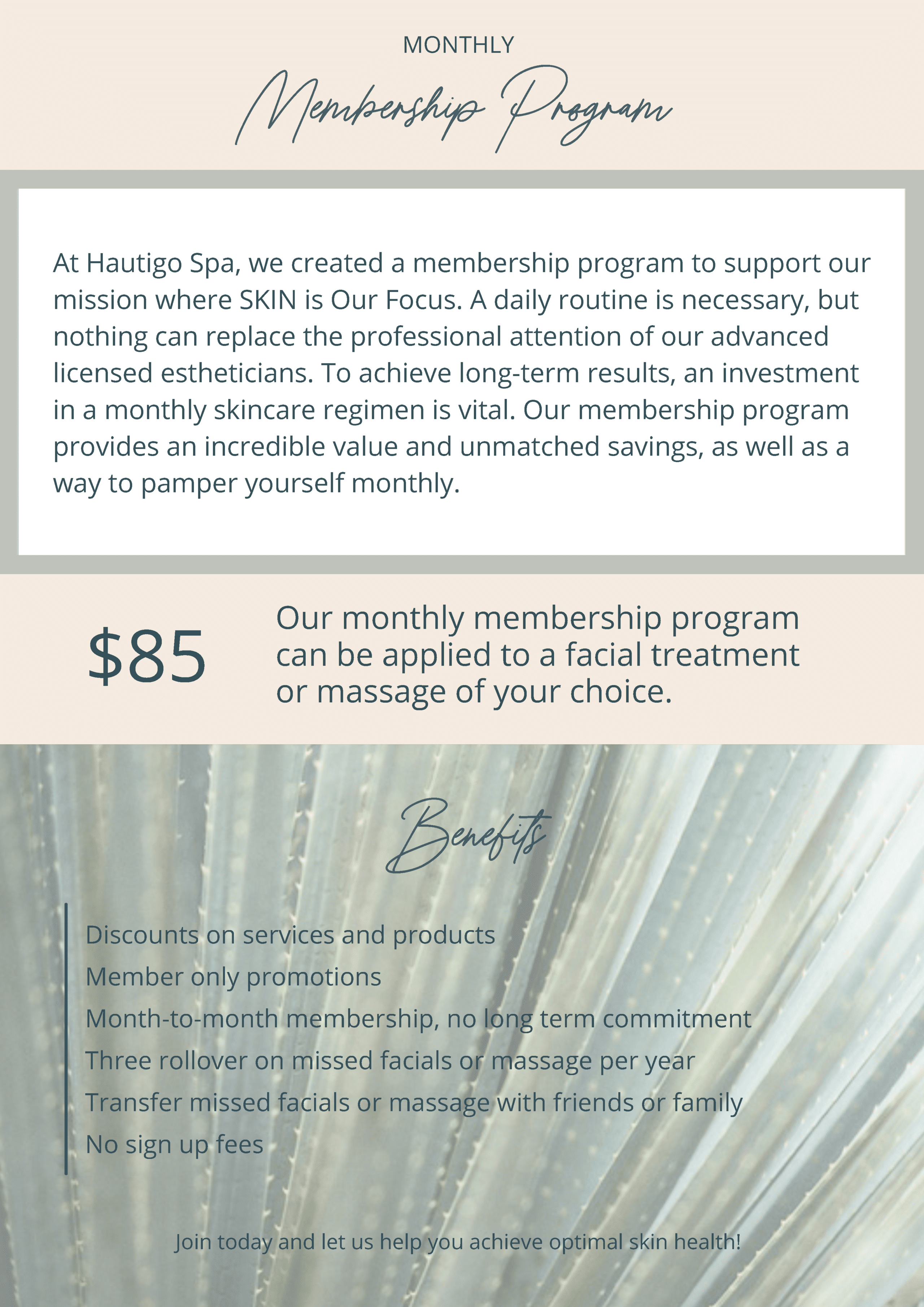 Our monthly membership program can be applied to a facial treatment or massage of your choice.
